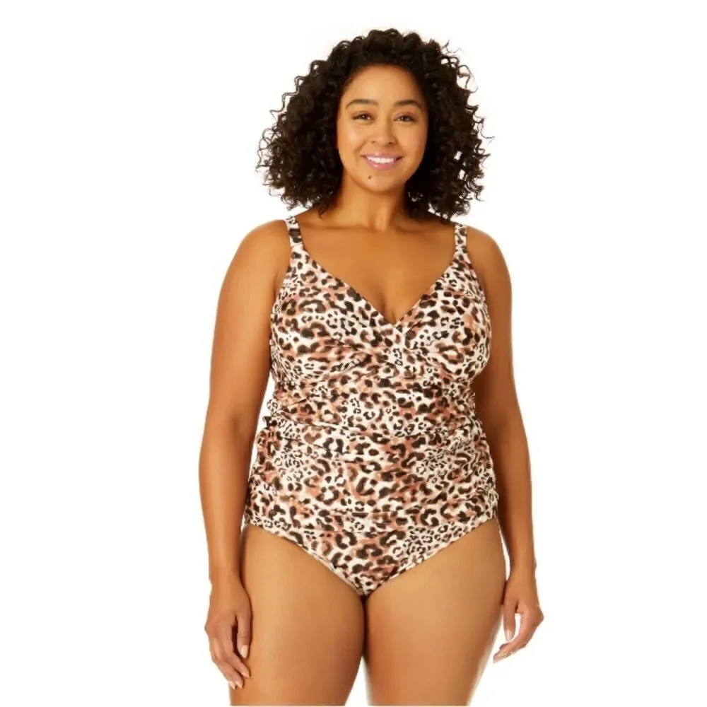 Leopard Print Knit Tankini Top & High Waist Bikini Bottoms Swimsuit Size 3X